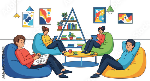 Coworkers Lounging in Colorful Office Breakroom