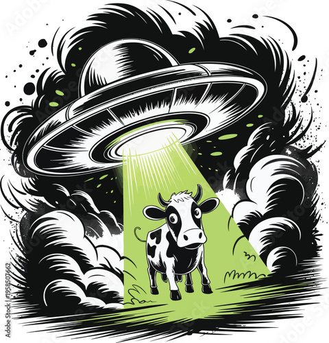 UFO beaming up a cow with bright green light amidst a smoky, cloudy landscape