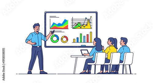 Enthusiastic Employee Presenting Data on Digital Whiteboard