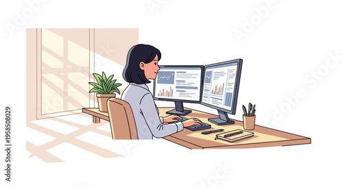 Focused Businesswoman Working at Modern Dual Monitor Desk