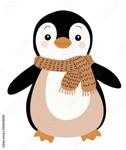 Adorable penguin toy stands with a friendly smile. Warm scarf wraps snugly around its neck. Soft beige belly contrasts black and white plumage. Orange feet and beak add cheerful charm