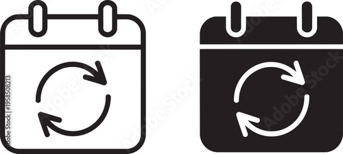 Calendar With Refresh And Circular Arrows Icon Set, Outline And Solid Styles