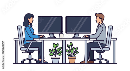 Modern Coworkers Sharing Workspace With Plants