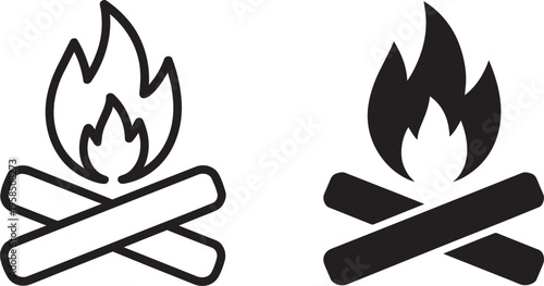 Campfire Icon In Outline And Solid Styles With Flame And Logs
