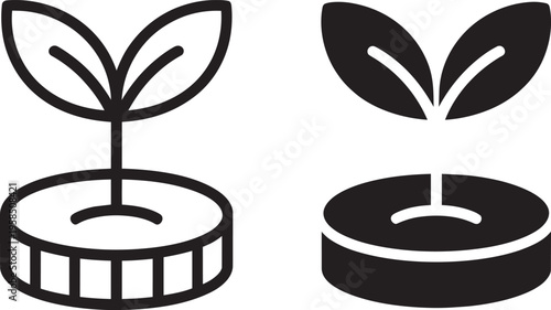 Outline And Filled Plant Sprout In A Round Planter Vector Icons