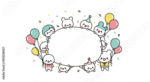 Colorful cartoon illustration of funny prank characters holding balloons and forming a social media frame for April Fools' Day celebration with pastel colors and festive icons