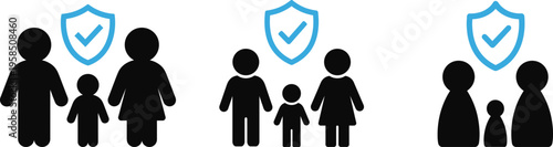 Family protection silhouettes shield checkmark insurance security icons