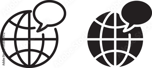 Outline And Solid Globe With Speech Bubble Icons Representing Communication And Global Connections