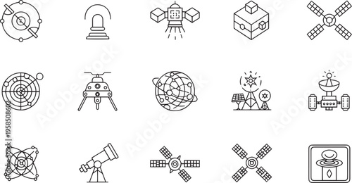 Space Technology and Satellite Communication Thin Line Icon Set