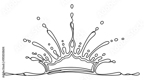 Water splash crown continuous line drawing, liquid drop spray ripple effect one line art minimalist vector illustration