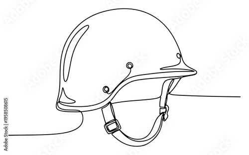 Military tactical helmet continuous line drawing, army safety gear for soldier or police protection one line art minimalist vector illustration