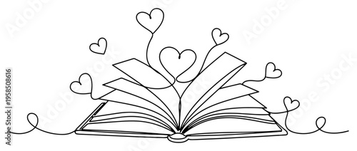 Open book with hearts continuous line drawing, romance novel or love for reading and education concept one line art minimalist vector illustration