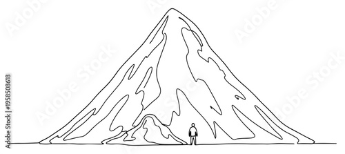 High mountain peak and small man silhouette continuous line drawing, nature adventure and scale concept one line art minimalist vector illustration