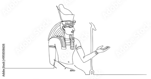 Ancient Egyptian Pharaoh continuous line drawing, King Osiris or Tutankhamun history one line art, minimalist mythology vector illustration