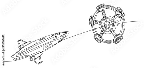 Spaceship and space station continuous line drawing, futuristic sci-fi galaxy exploration one line art, cosmic travel minimalist vector illustration