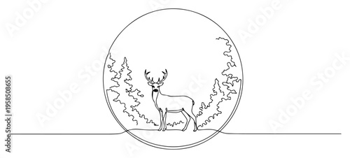 Deer in forest circle continuous line drawing, wild stag in nature landscape one line art, minimalist wilderness wood animal vector illustration