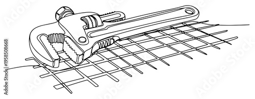Industrial pipe wrench on metal grid continuous line drawing, plumbing repair and construction tool one line art minimalist vector illustration