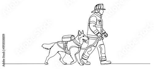 Firefighter with search and rescue dog continuous line drawing, k9 unit emergency worker and german shepherd one line art, minimalist hero vector illustration