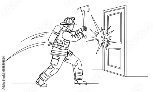 Firefighter breaking door with axe continuous line drawing, emergency rescue mission and firemen action one line art, minimalist safety professional vector illustration