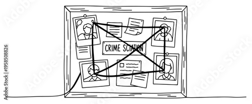 Crime scene evidence board with photos and strings continuous line drawing, detective investigation board for police mystery one line art, minimalist crime vector illustration