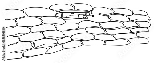 Sandbag bunker wall with gun continuous line drawing, military defense and war zone fortification one line art, minimalist combat vector illustration