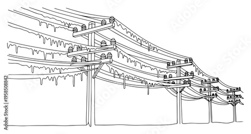 Frozen electrical power lines with icicles continuous line drawing, winter storm and utility infrastructure failure one line art, minimalist cold weather vector illustration