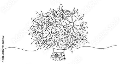 Beautiful flower bouquet continuous line drawing, floral arrangement for wedding or gift one line art, minimalist botanical celebration vector illustration