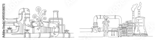 Bursting industrial pipes and factory continuous line drawing, gas leak or water pipeline failure one line art, minimalist plumbing accident vector illustration