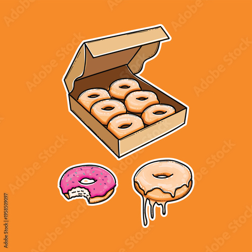 Box of Glazed Donuts and Colorful Illustrated Doughnuts on Orange Background