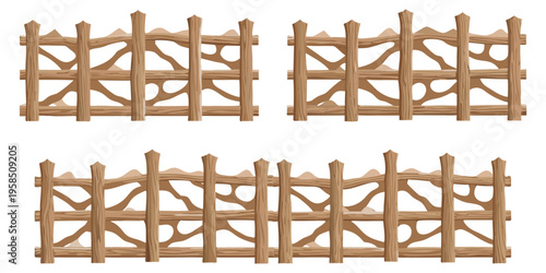 Set of cartoon natural wooden picket fences, wild branch and stick design, irregular jagged tops, horizontal log rails, warm caramel brown tones,  vector illustration