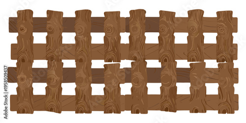 Cartoon rustic fence collection featuring crooked wooden planks, uneven spacing, organic shapes, detailed wood grain lines, warm earthy color palette