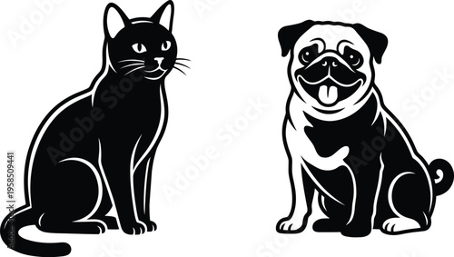 Cat dog illustration pug feline pet friendship concept