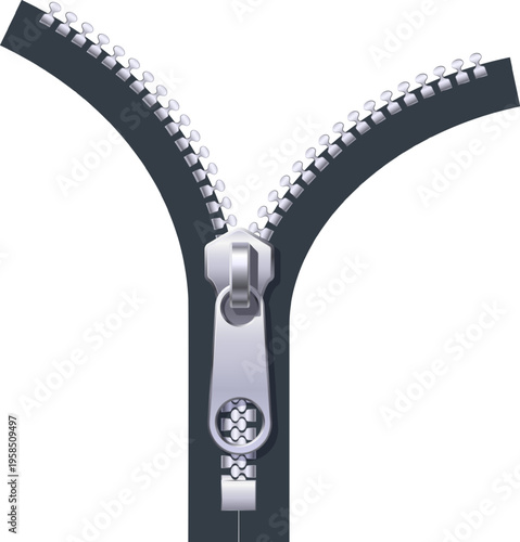 Zipper opening separating two sides on white background