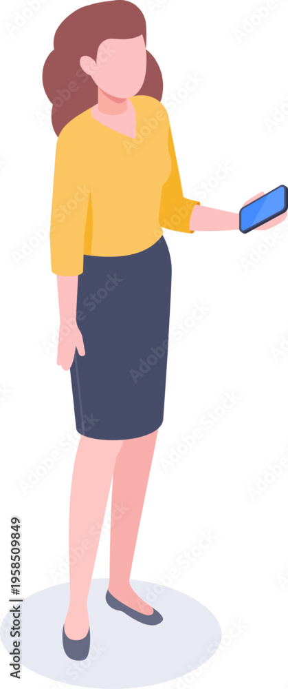 Fototapeta premium Woman holding smartphone communicating isometric illustration