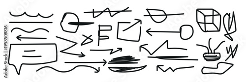 Collection of hand drawn arrows and symbols on white background