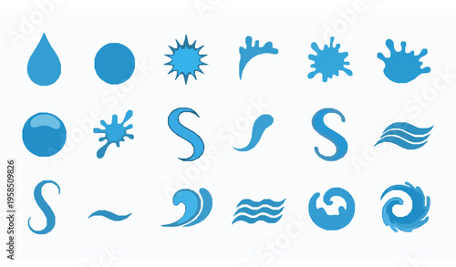 Blue water splash icons set liquid drop wave fluid motion vector isolated on white
