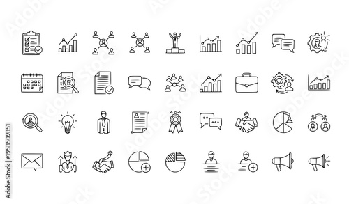 Project management teamwork communication business process outline icons editable stroke vector set