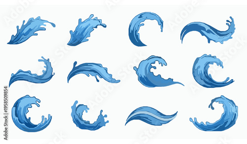 Water splash fluid motion vector icon collection blue liquid drop symbols isolated on white