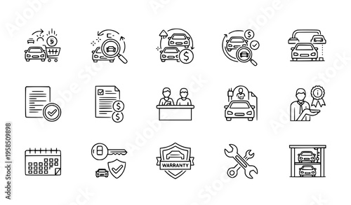 Car dealership and automobile service outline icon set automotive business vector isolated on white