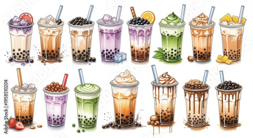Watercolor Bubble Tea Variety Set, Boba Milk Tea Drinks Collection with Flavors and Toppings
