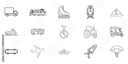 Collection of vehicles and transportation icon set. Vector illustration, truck, ship, skate, train, sailboat, bus, rocket