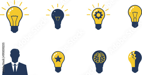 Creative Business Idea Concept: Businessman with Glowing Lightbulb and Innovation Icon Set