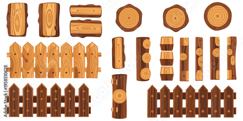 Organized grid of wooden fence illustrations, different heights and patterns, including classic garden fences and solid barriers, warm orange wood tones, crisp vector finish.