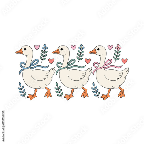 Three adorable geese march forward adorned with bows and surrounded by floral elements