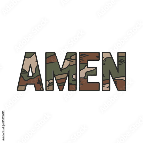 The word amen is displayed with a unique camouflage pattern fill