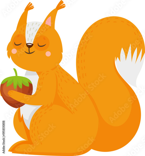 Cute cartoon squirrel character holding a hazelnut