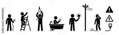 Black stickman vector set about electricity and safety on white background. Warning signs, electric hazard, shock risk, and safe behavior in simple minimal style.