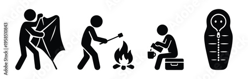Black stickman camping vector set on white background: sitting by campfire, setting up tent, pouring from thermos, sleeping in sleeping bag. Outdoor activity icons.