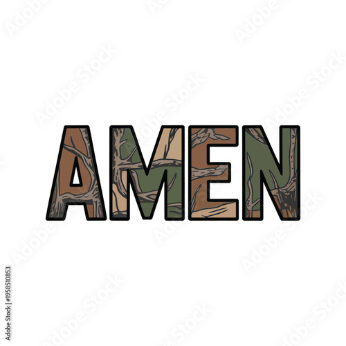 The word amen is displayed using a camouflage pattern fill