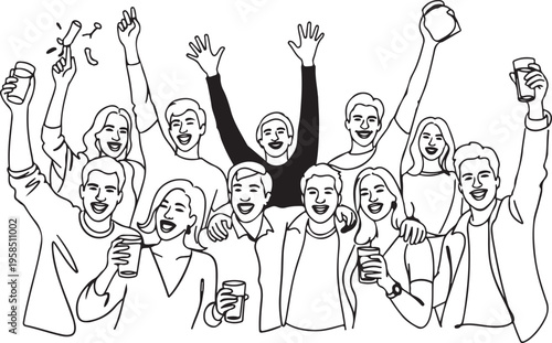 Hand drawn illustration of a cheering crowd with raised arms in excitement
